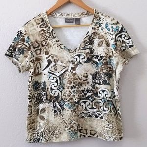 Chico's Short Sleeve Cotton V-neck Printed Top, Brown / Beige / Turquoise